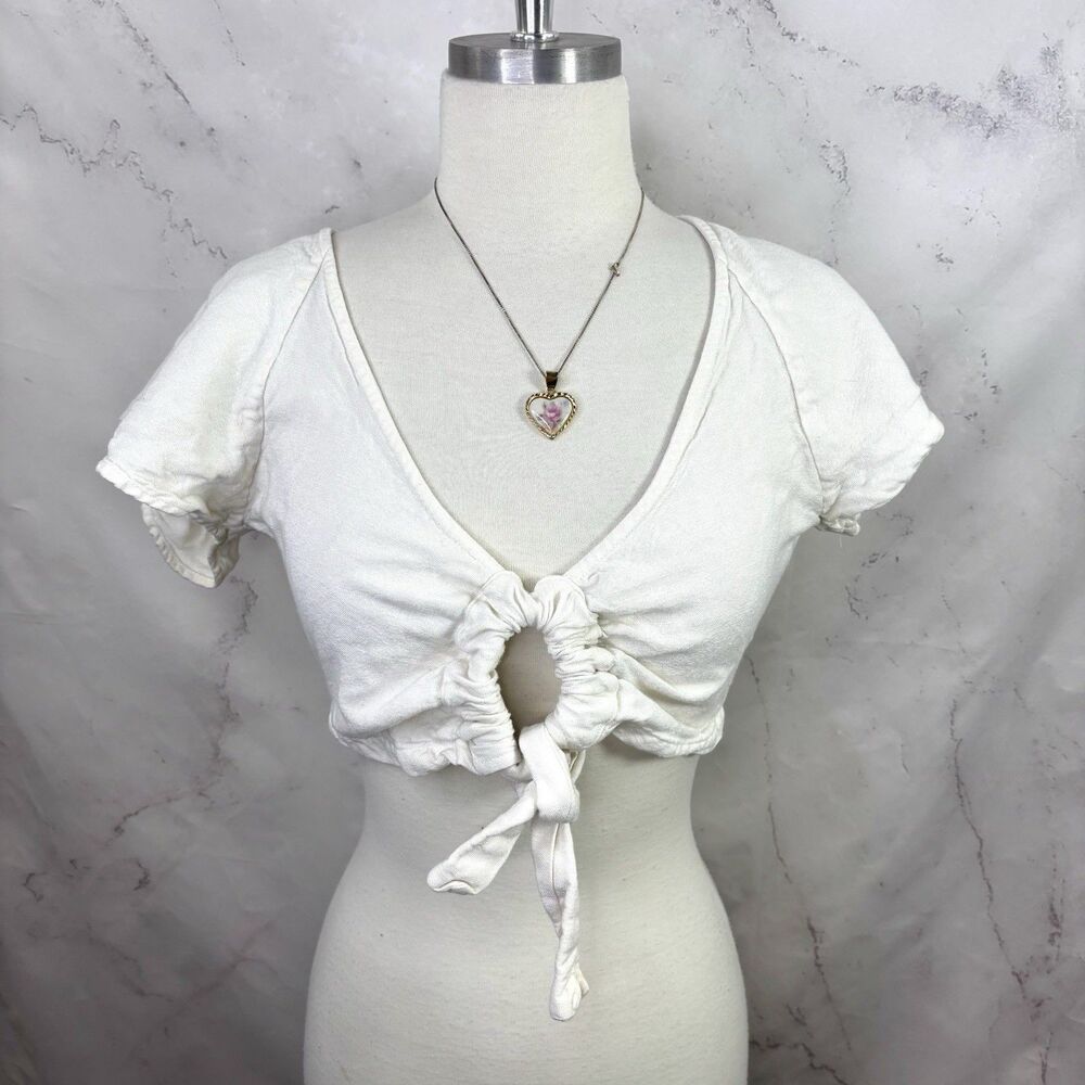 AJAIE ALAIE White linen Cutout Tie Front Cropped Short Sleeve blouse L Cottage